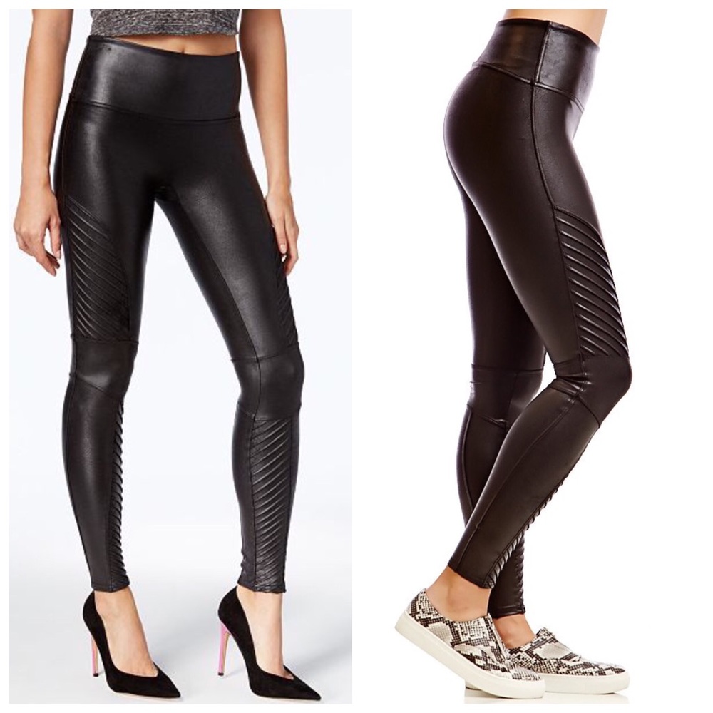 Spanx Faux Leather Moto Black Leggings Tummy Control size large